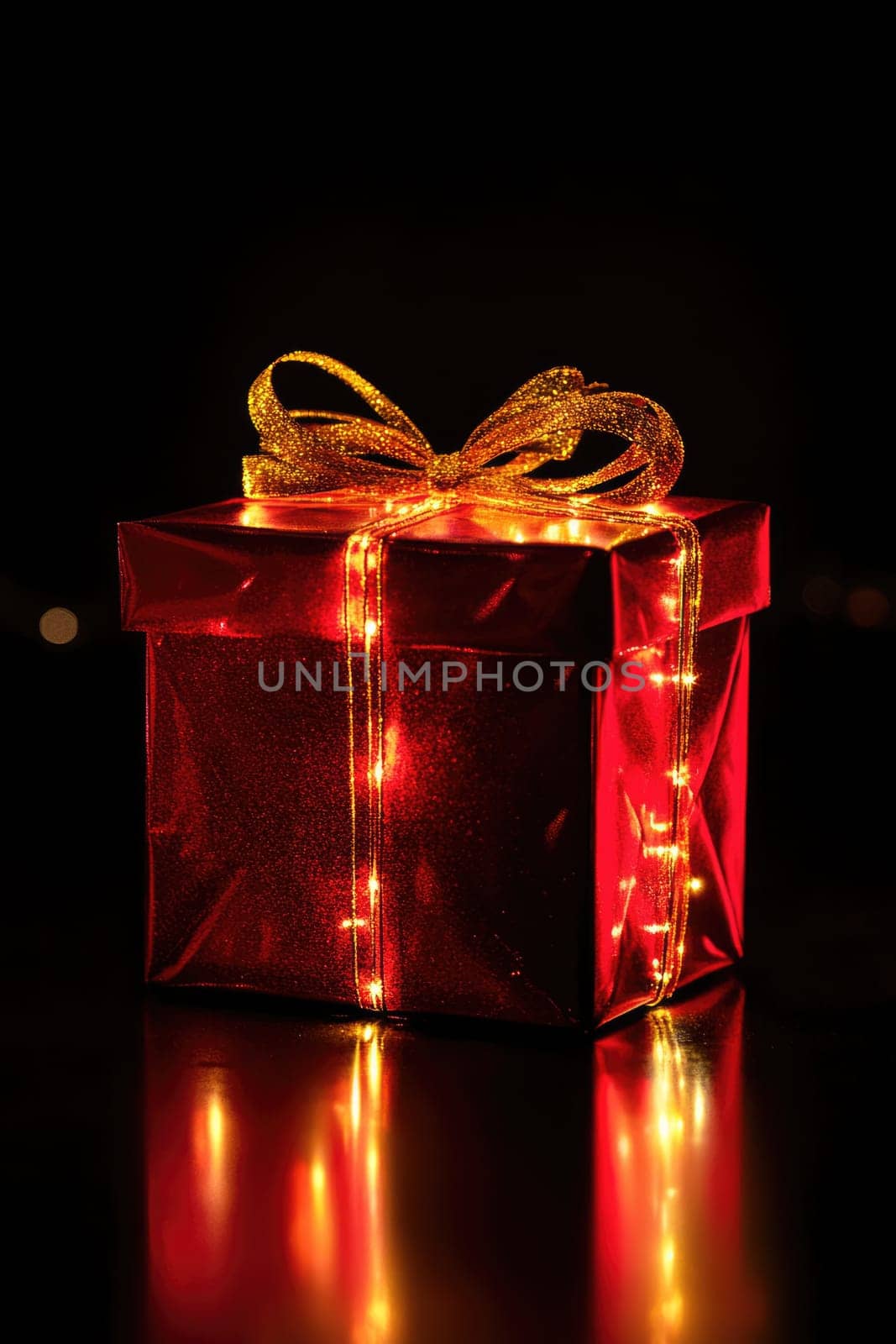 Red gift box with a golden ribbon and glowing neon lights on black background.