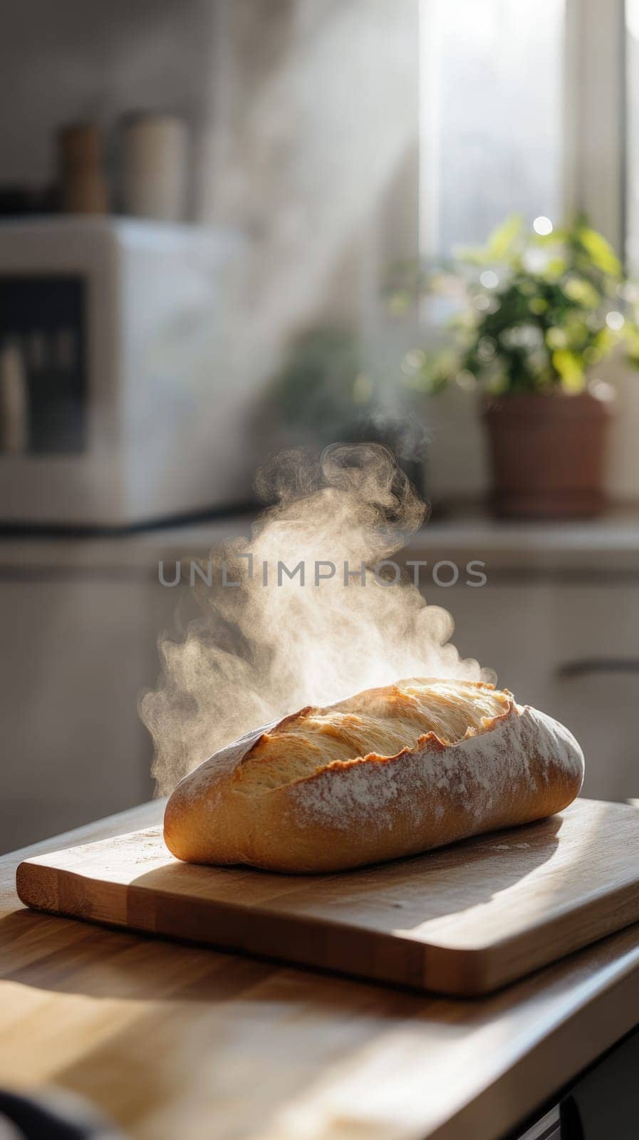 Freshly baked steaming wheat bread on wooden cutting board on table in the kitchen. Hot home bakery.