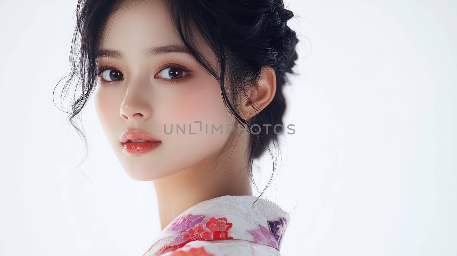 Studio portrait of a young beautiful Asian woman wearing traditional dress with floral ornament on white background with copy space.