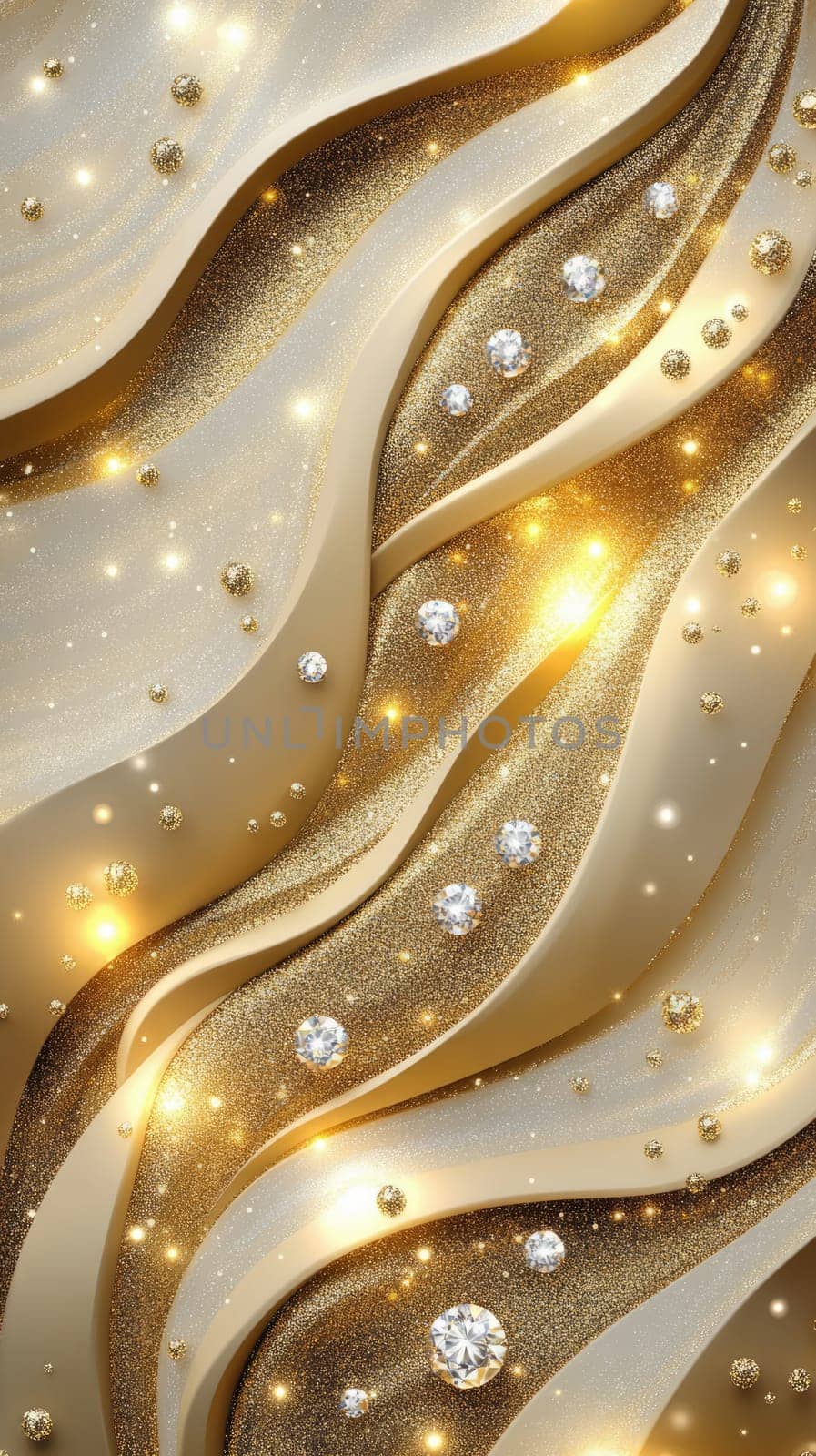 Luxury golden wavy vertical background design with gems. Texture with smooth flowing patterns and light shiny effect.