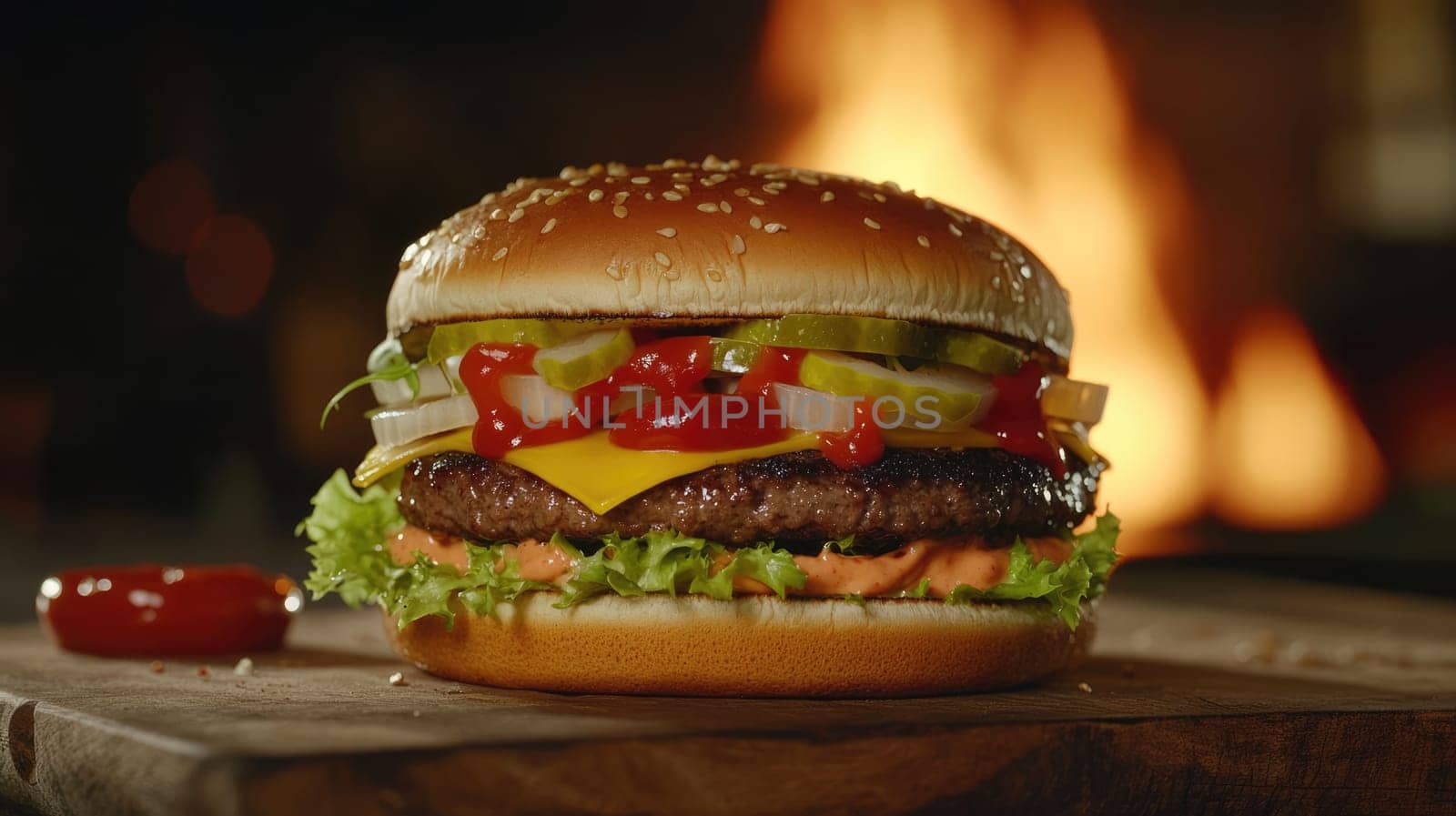 Cheeseburger with fresh lettuce, tomatoes, onions, pickles and melted cheese on the table, gourmet fast food, restaurant menu. Burning fire at the background.