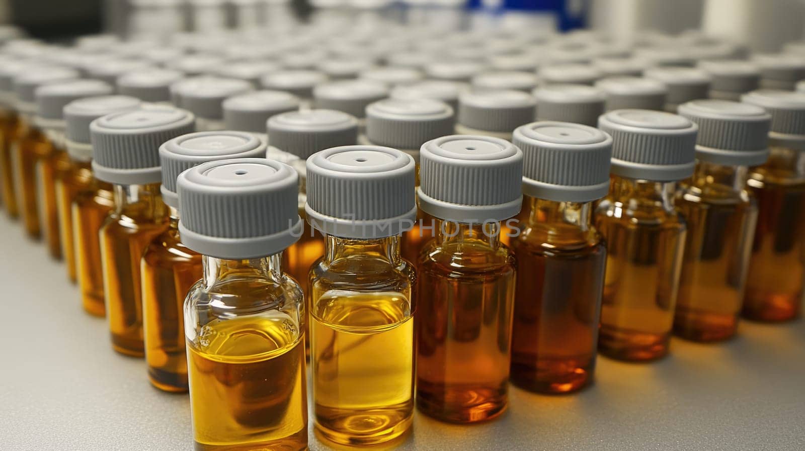 Rows of medical vials with vaccine liquid inside. Medicine for injection, pharmaceutical lab production.