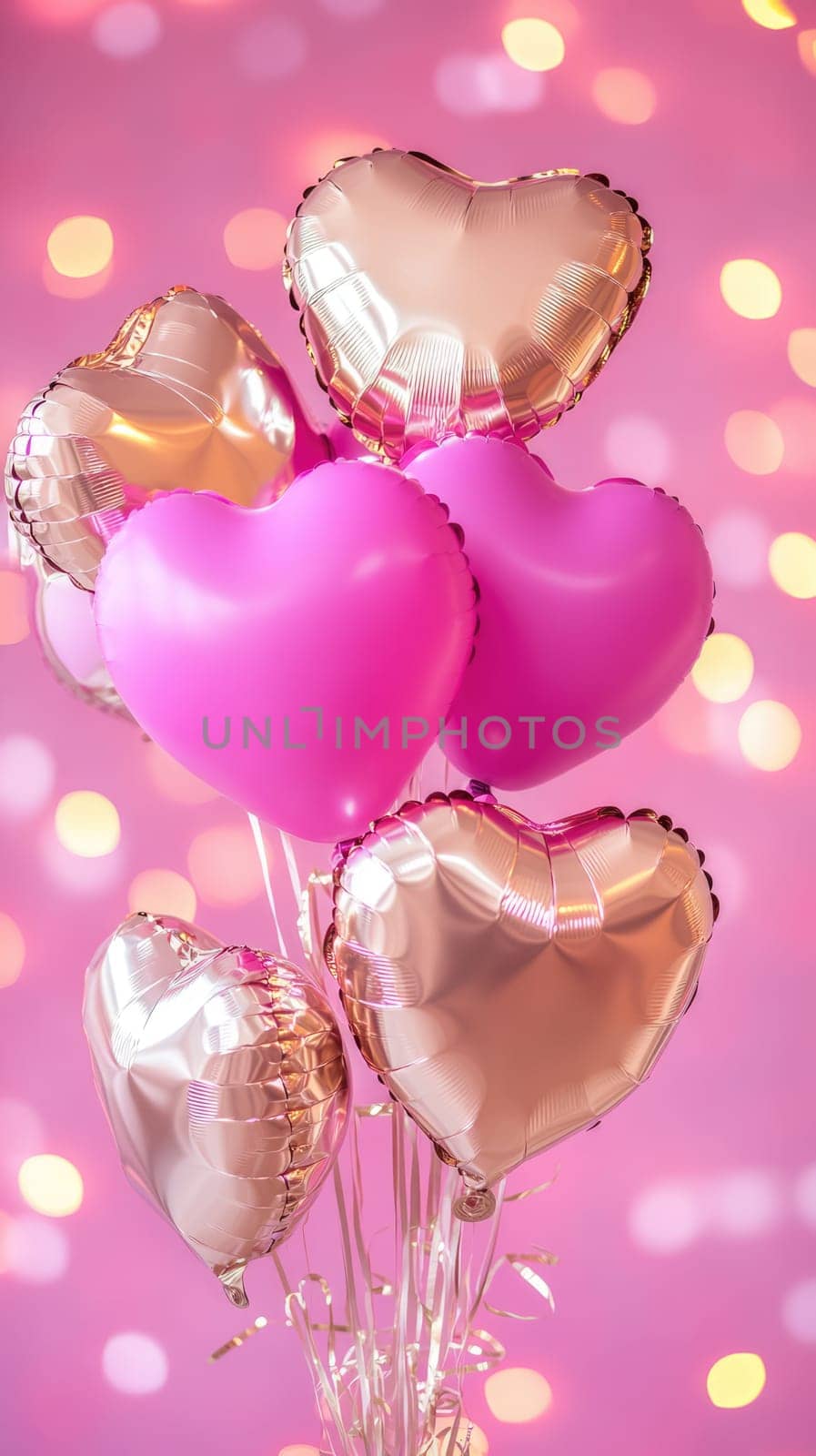 Pink and golden foil balloons on festive bokeh background. St. Valentine's day love and passion concept.
