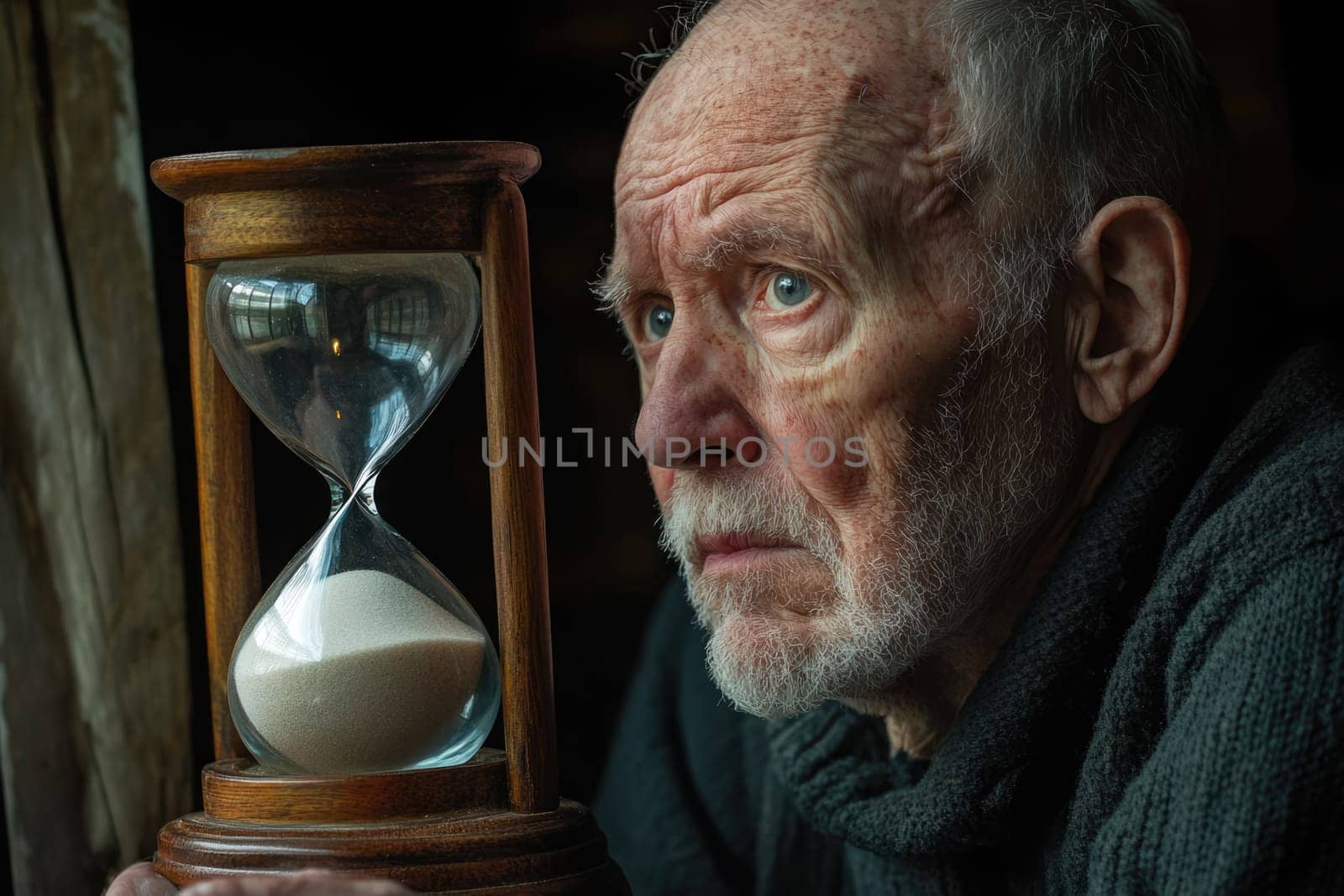 Sad frightened old man looking at hourglass with last grains of sand falling down. Time and life passing concept.
