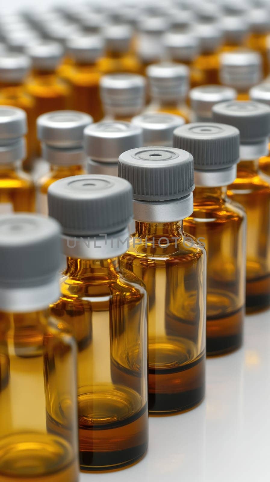 Rows of medical vials with vaccine liquid inside. Medicine for injection, pharmaceutical lab production.