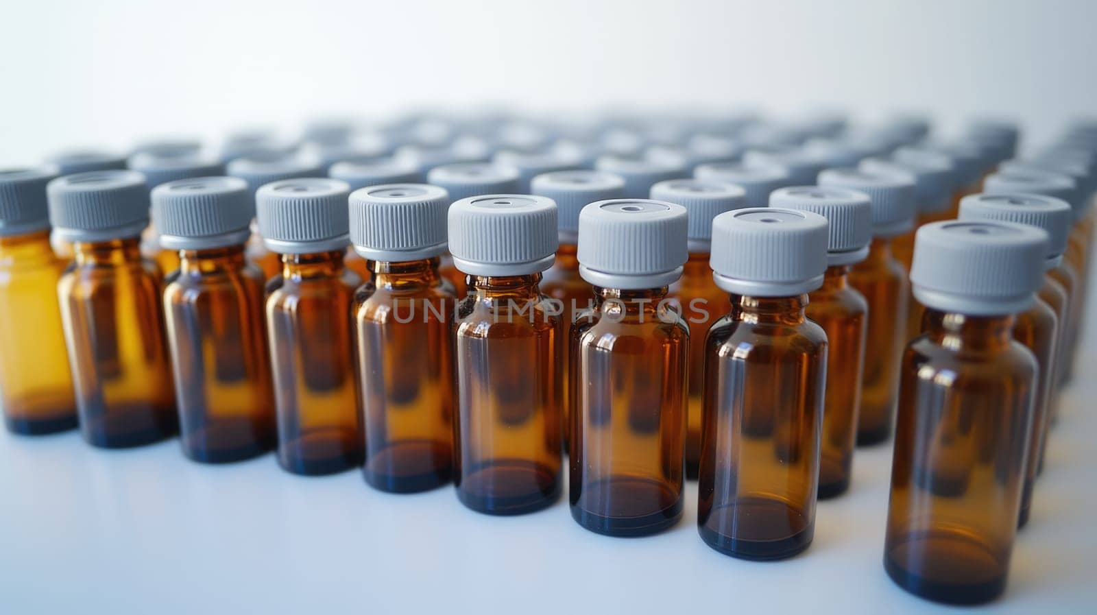 Rows of medical vials with vaccine liquid inside. Medicine for injection, pharmaceutical lab production.