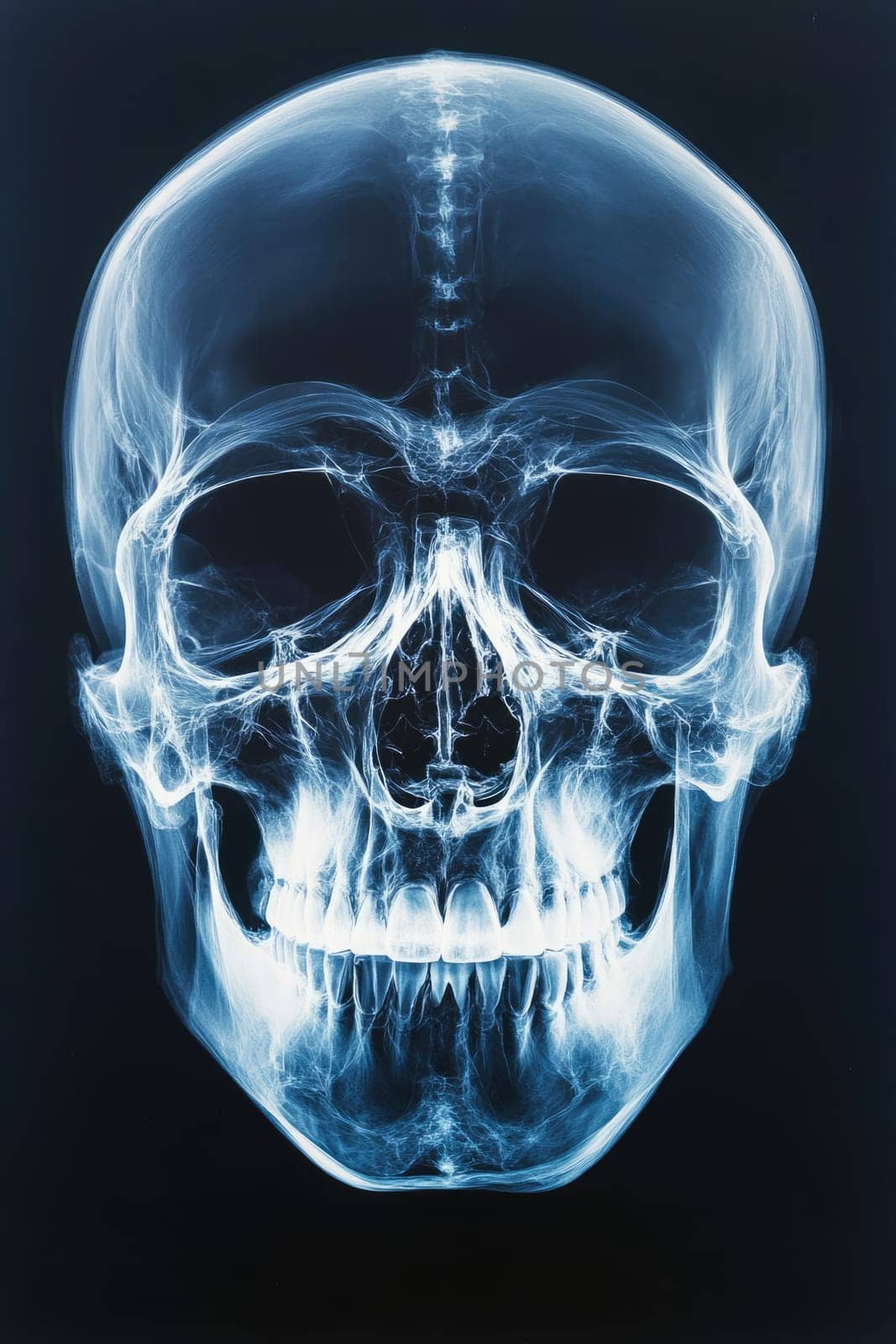 X-ray of human skull front view.