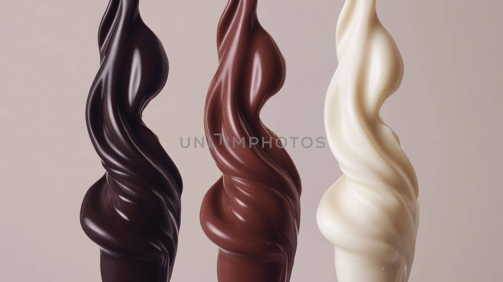 Pouring delicious dark, milk and white chocolate. Close-up of melted swirls of sweet dessert for advertisement.