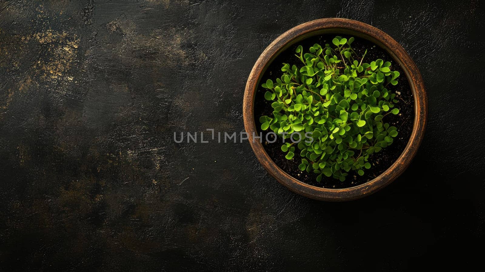Green sprouts of indoor plant in brown ceramic pot, top view. Decorative houseplant isolated on black background with copy space.