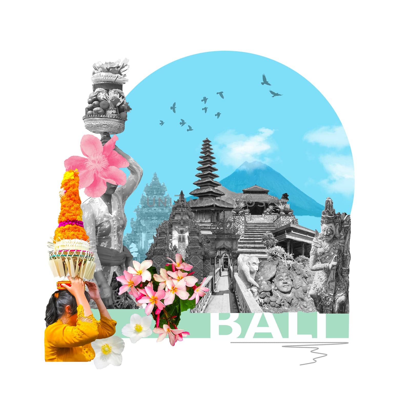 The collage on the theme of Bali, Indonesia. Tamples. Travel and vacation concept