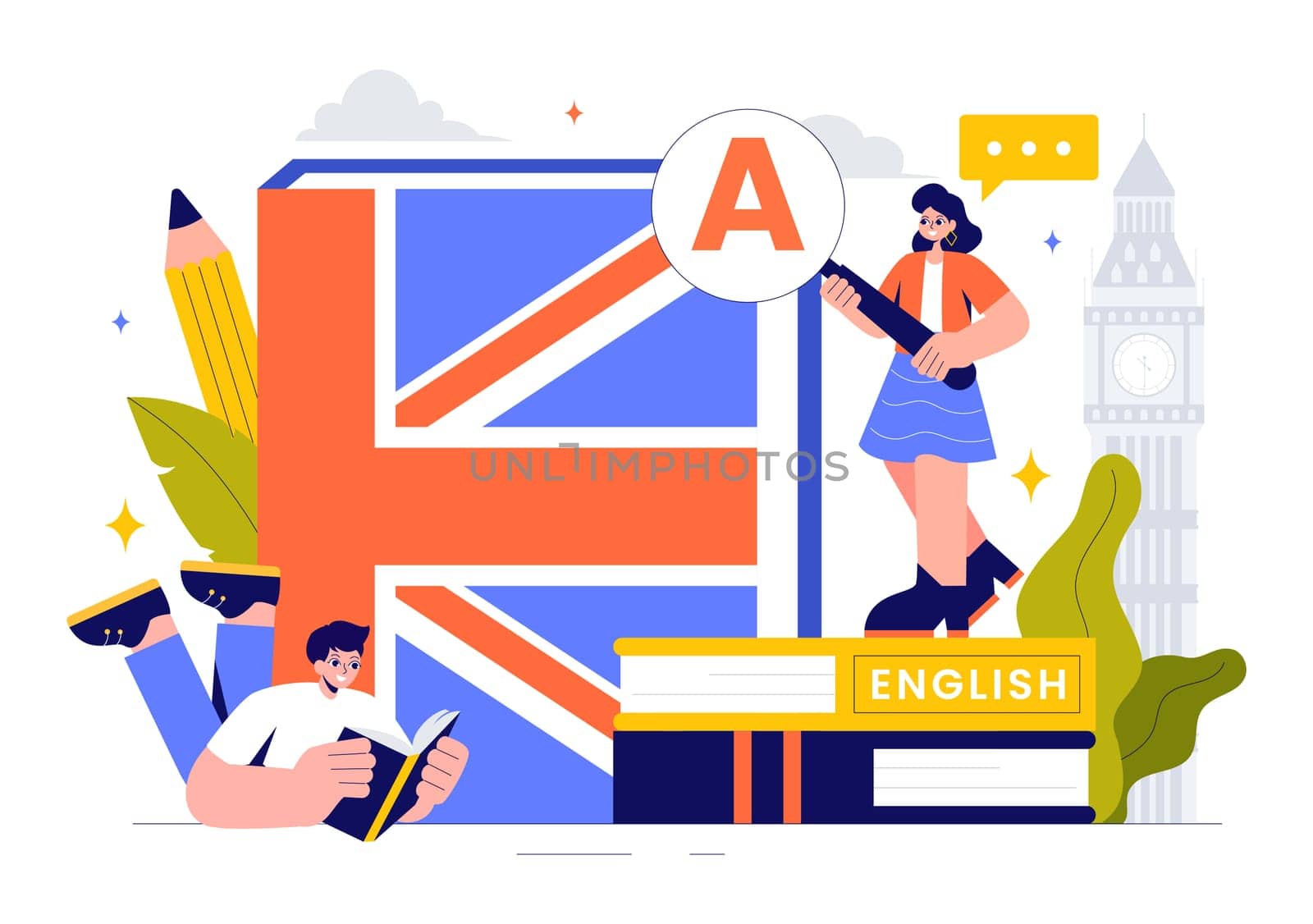 English Language Vector Illustration featuring Students Studying Foreign Languages, Global Communication, and Elementary Grammar Lessons Background