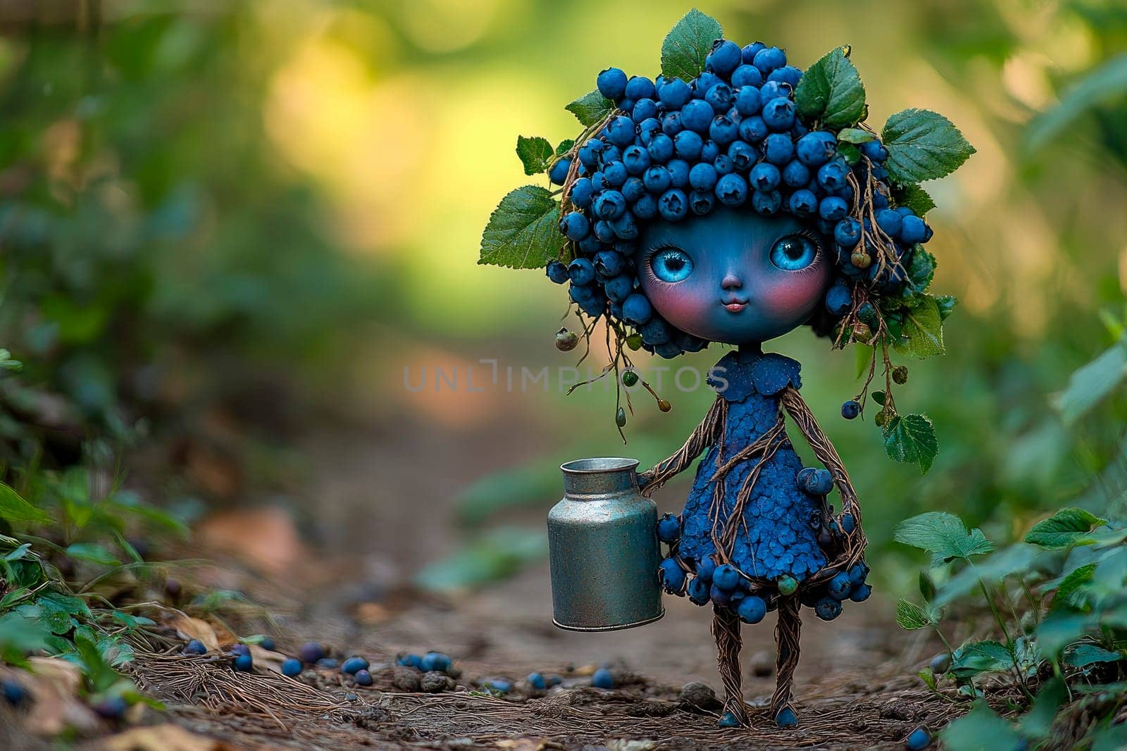 Fantasy character adorned with Blueberries, carries a jug and walk on the forest path . AI generated