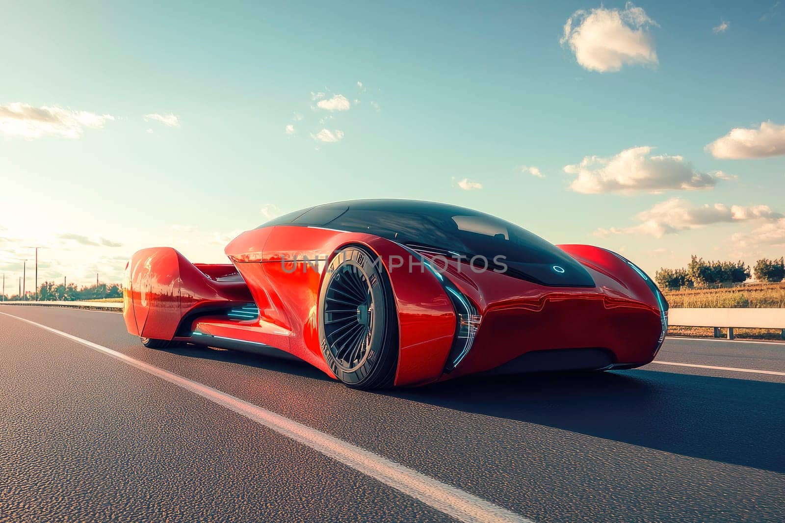 Red futuristic electric car on a highway. Concept of future. AI generated
