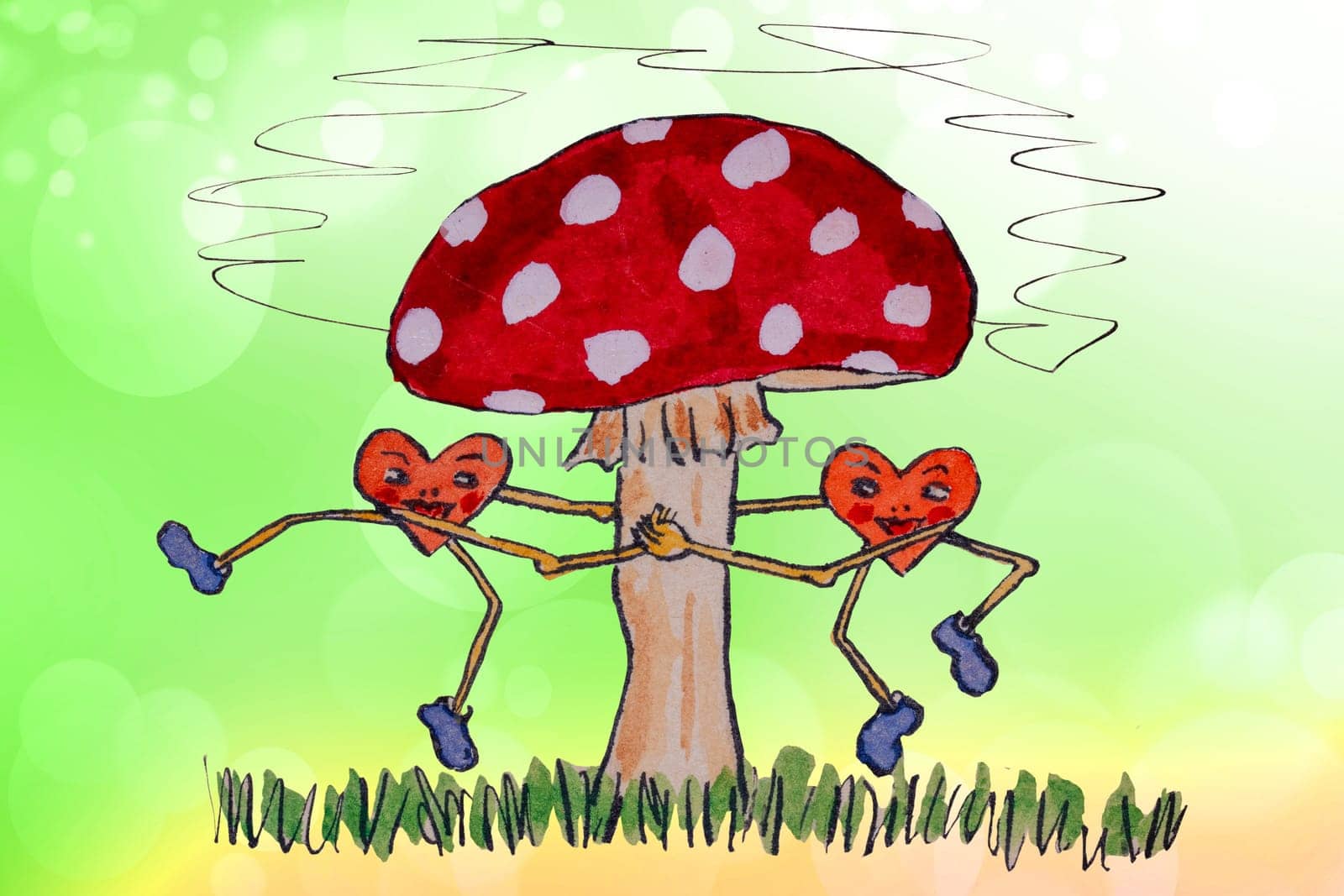 Greeting card couple hearts background. An old hand drawn watercolor of two funny hearts dancing around a mushroom. Valentine, couple in love cartoon, wedding and other.