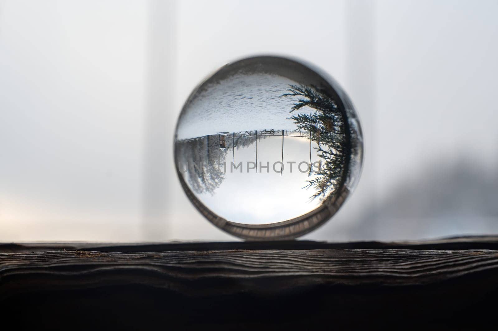 Glass ball on a wood on a cold winter day, with reflections of trees and snow in the glass