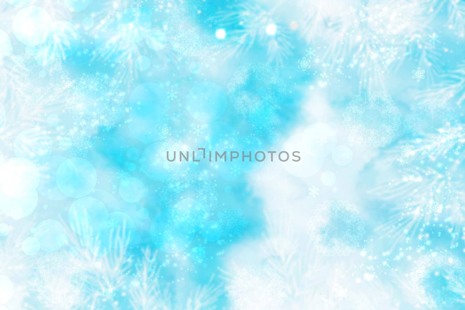 Abstract blurred festive delicate winter christmas or Happy New Year background with shiny blue and white bokeh lighted stars and bells. Space for your design. Card concept.