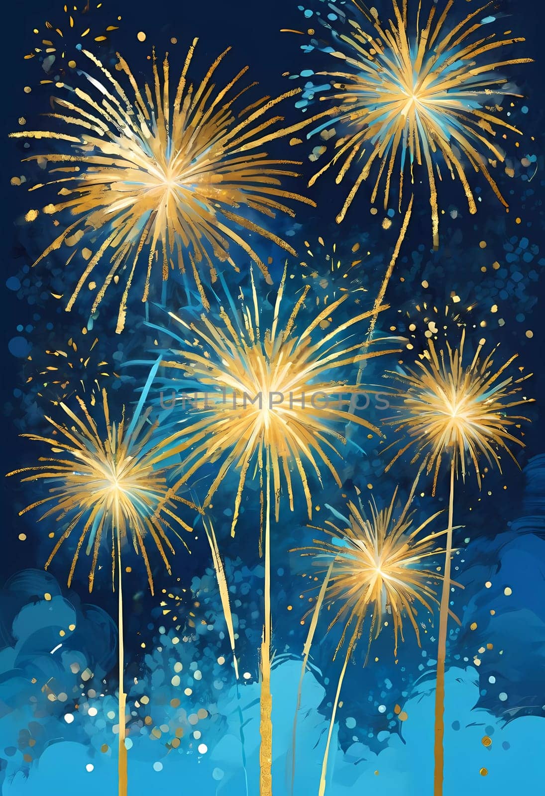 Colorful fireworks illuminate the night sky as people celebrate the New Year. Bursts of gold and blue spark joy and excitement marking a fresh start. Fireworks explode against dark sky. Generative AI.
