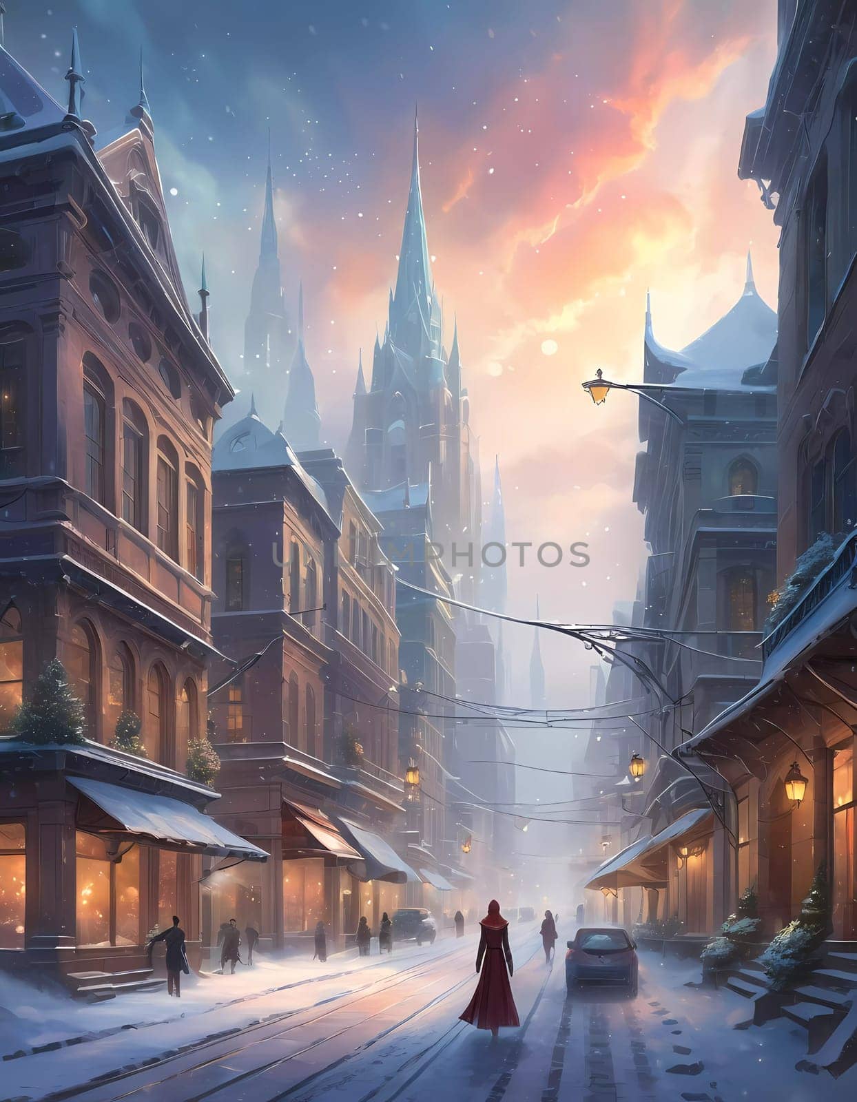 A snowstorm covers a charming city street as the evening sky glows with warm hues. Snowflakes drift softly to the ground, blanketing a tranquil winter scene. Generative AI.