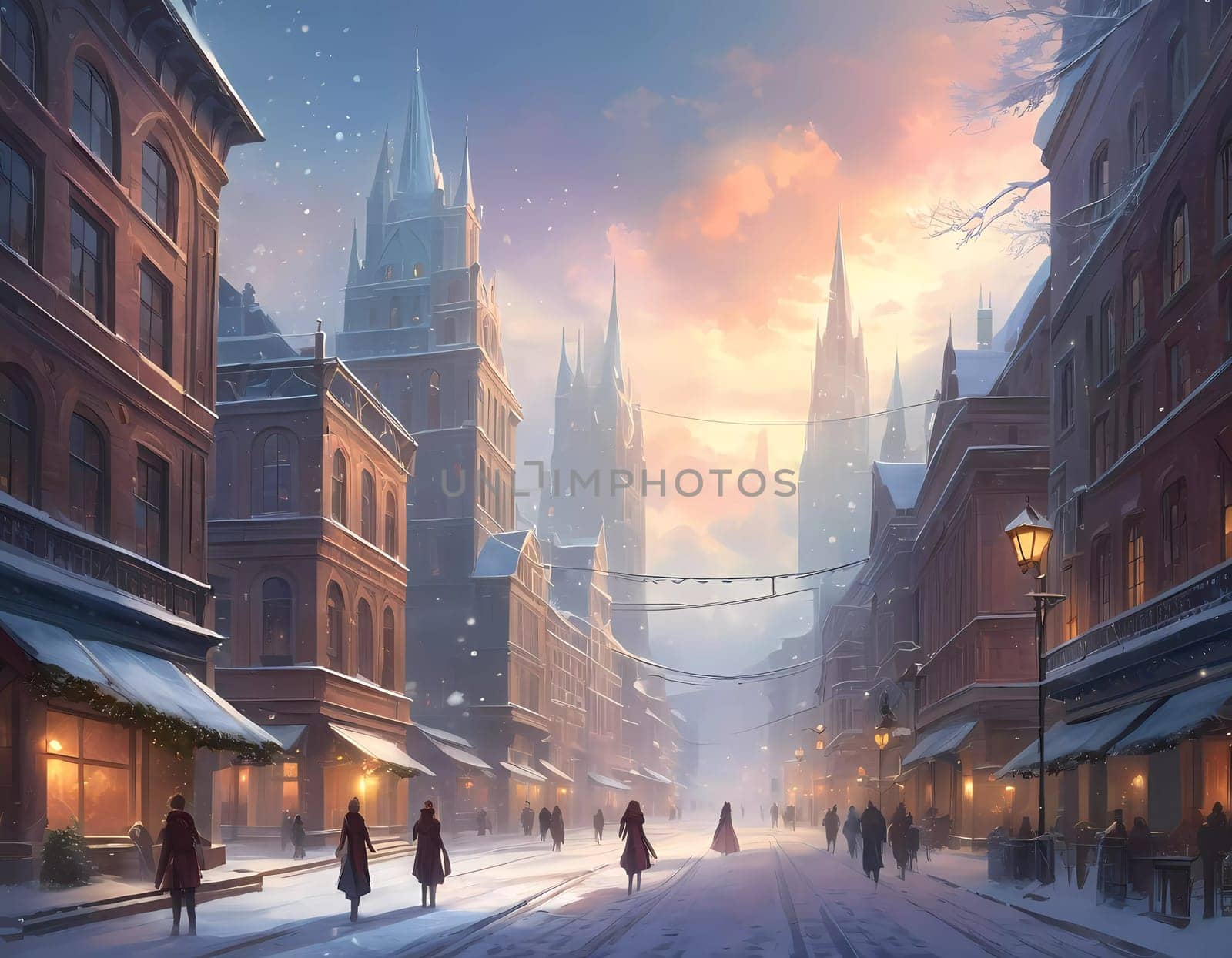 A snowstorm covers a charming city street as the evening sky glows with warm hues. Snowflakes drift softly to the ground, blanketing a tranquil winter scene. Generative AI.