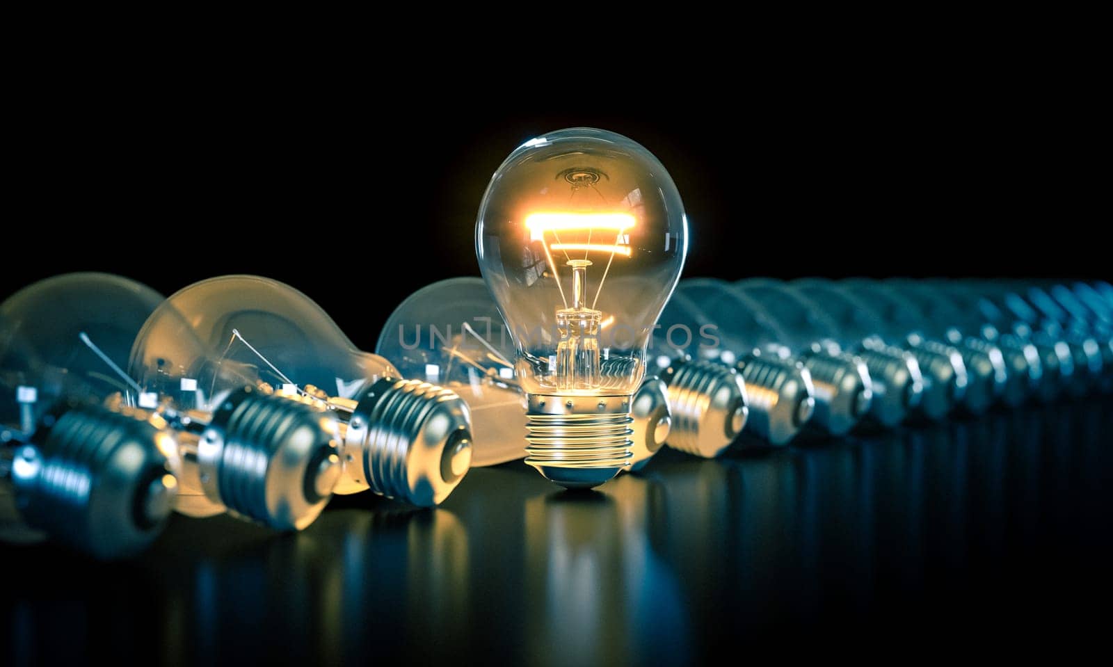 One illuminated light bulb standing out. new ideas, innovation,leadership. 3d