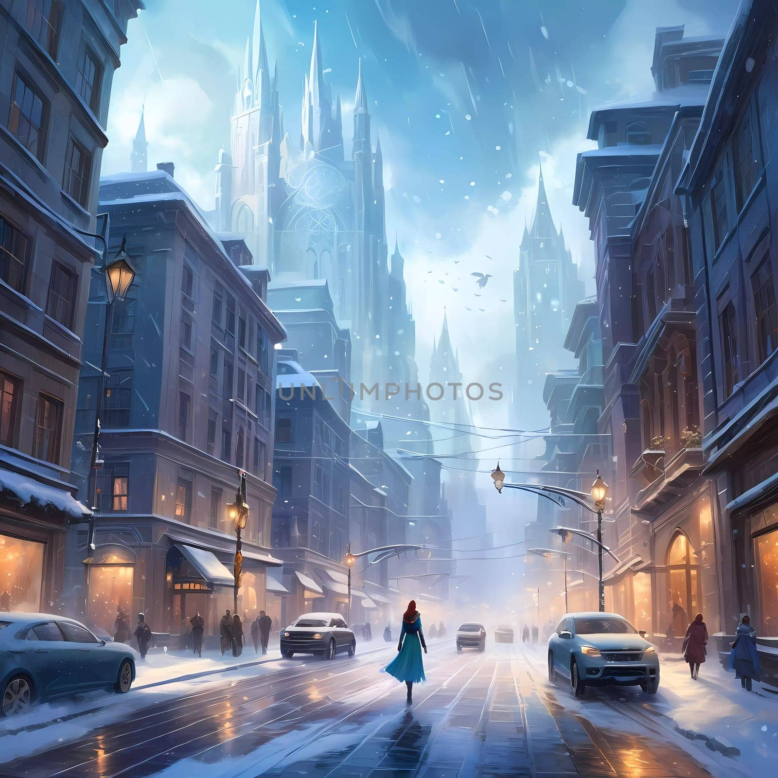 A snowstorm covers a charming city street as the evening sky glows with warm hues. Snowflakes drift softly to the ground, blanketing a tranquil winter scene. Generative AI.
