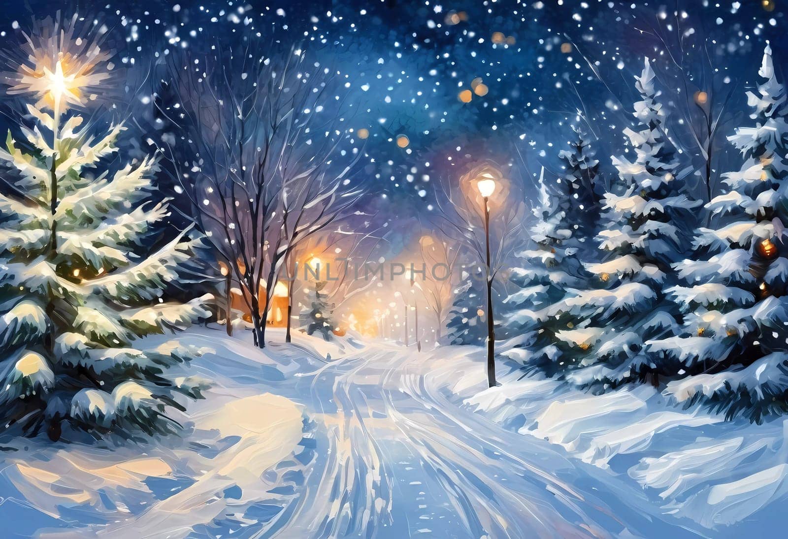 In a tranquil snowy night, soft bokeh Christmas lights adorn fir branches amid a picturesque landscape. Cozy homes are visible, radiating warmth and festivity in the winter wonderland. Generative AI.