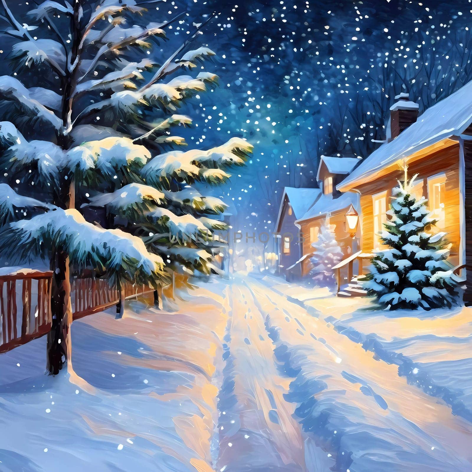 In a tranquil snowy night, soft bokeh Christmas lights adorn fir branches amid a picturesque landscape. Cozy homes are visible, radiating warmth and festivity in the winter wonderland. Generative AI.