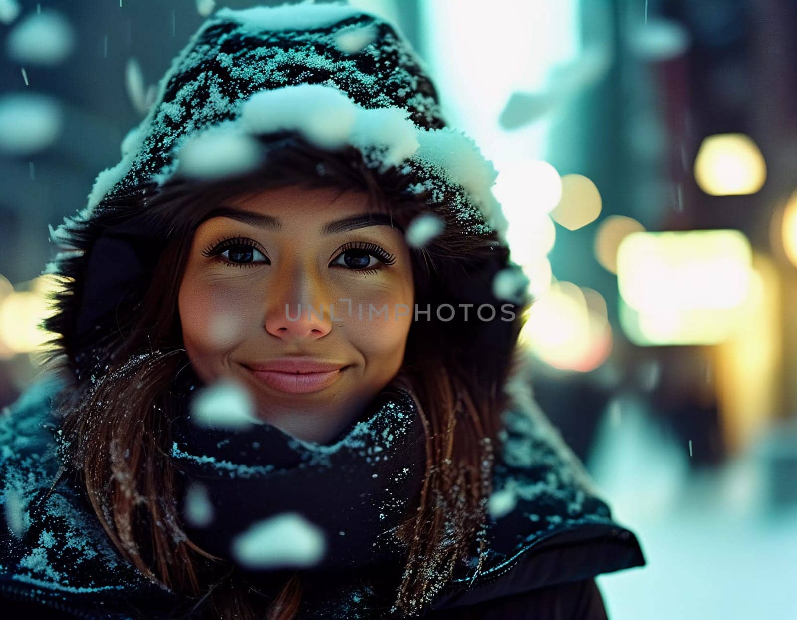 In a vibrant urban setting, a young woman smiles softly while snowflakes dance around her during a heavy snowstorm. The city lights create a warm contrast against the winter chill. Generative AI.