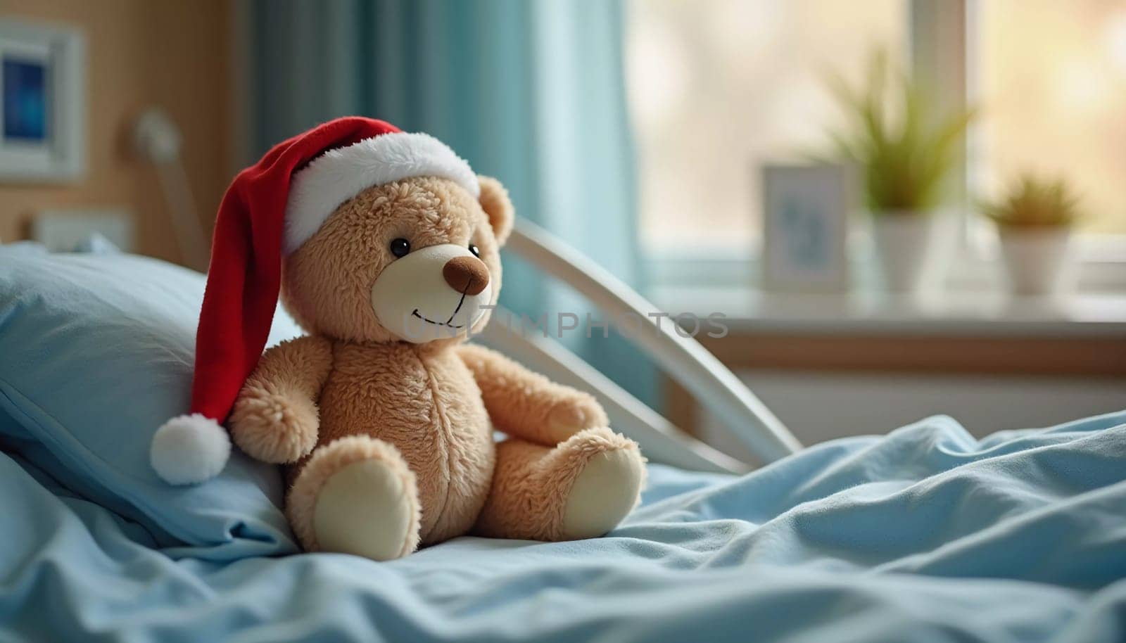 A teddy bear dressed in a Santa hat sits on a hospital bed, offering companionship to a child. The soft toy brings warmth and cheer in a challenging environment. Generative AI.