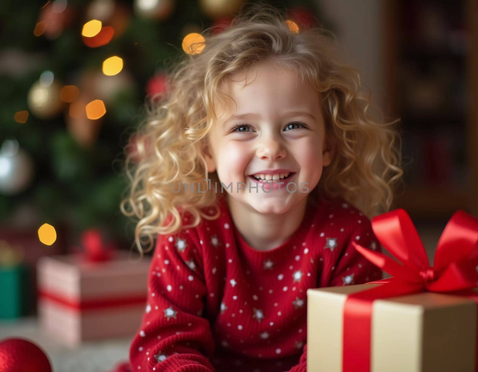 A blonde girl with curly hair smiles brightly while surrounded by colorful wrapped gifts. The room is decorated with festive ornaments, creating a joyful holiday atmosphere. Generative AI.