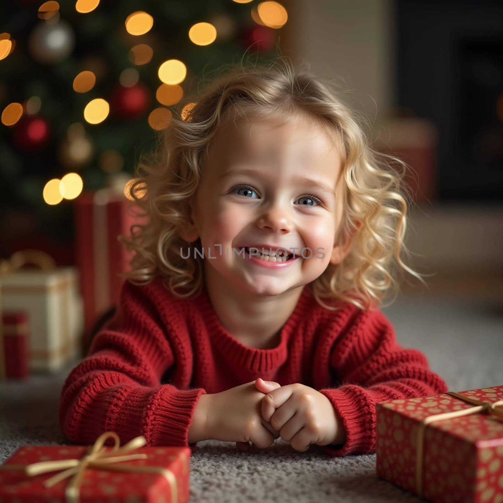 A blonde girl with curly hair smiles brightly while surrounded by colorful wrapped gifts. The room is decorated with festive ornaments, creating a joyful holiday atmosphere. Generative AI.