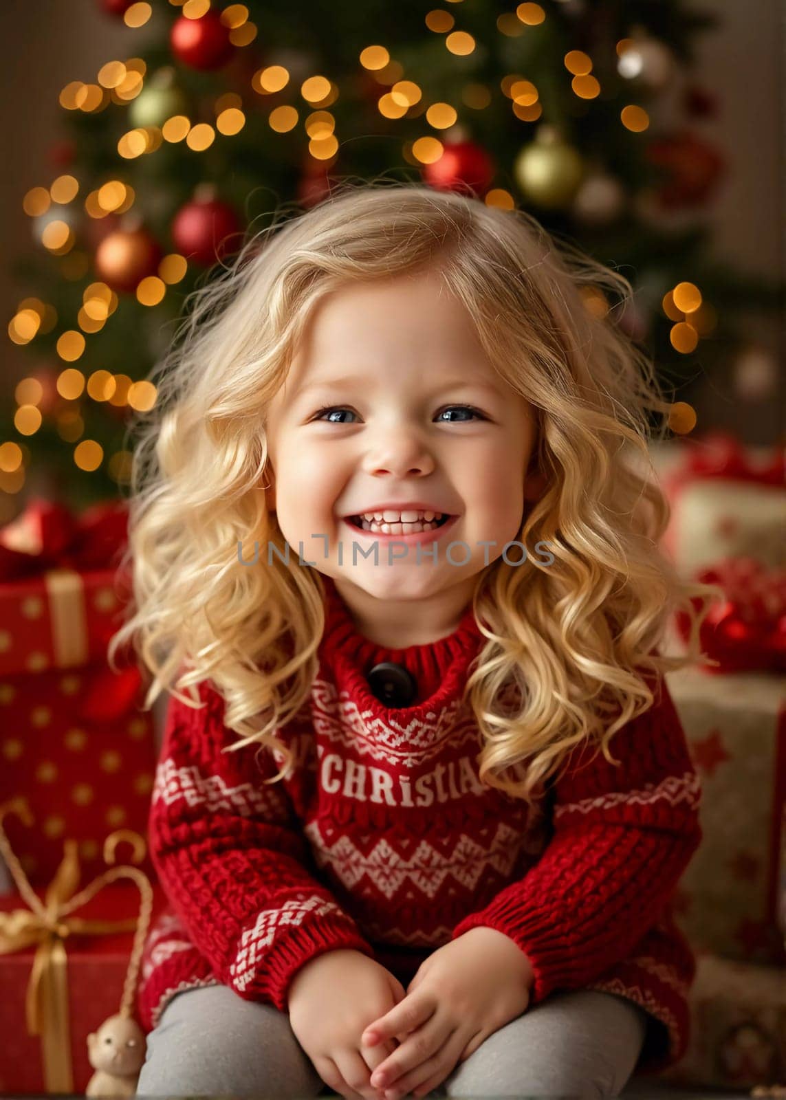 A blonde girl with curly hair smiles brightly while surrounded by colorful wrapped gifts. The room is decorated with festive ornaments, creating a joyful holiday atmosphere. Generative AI.