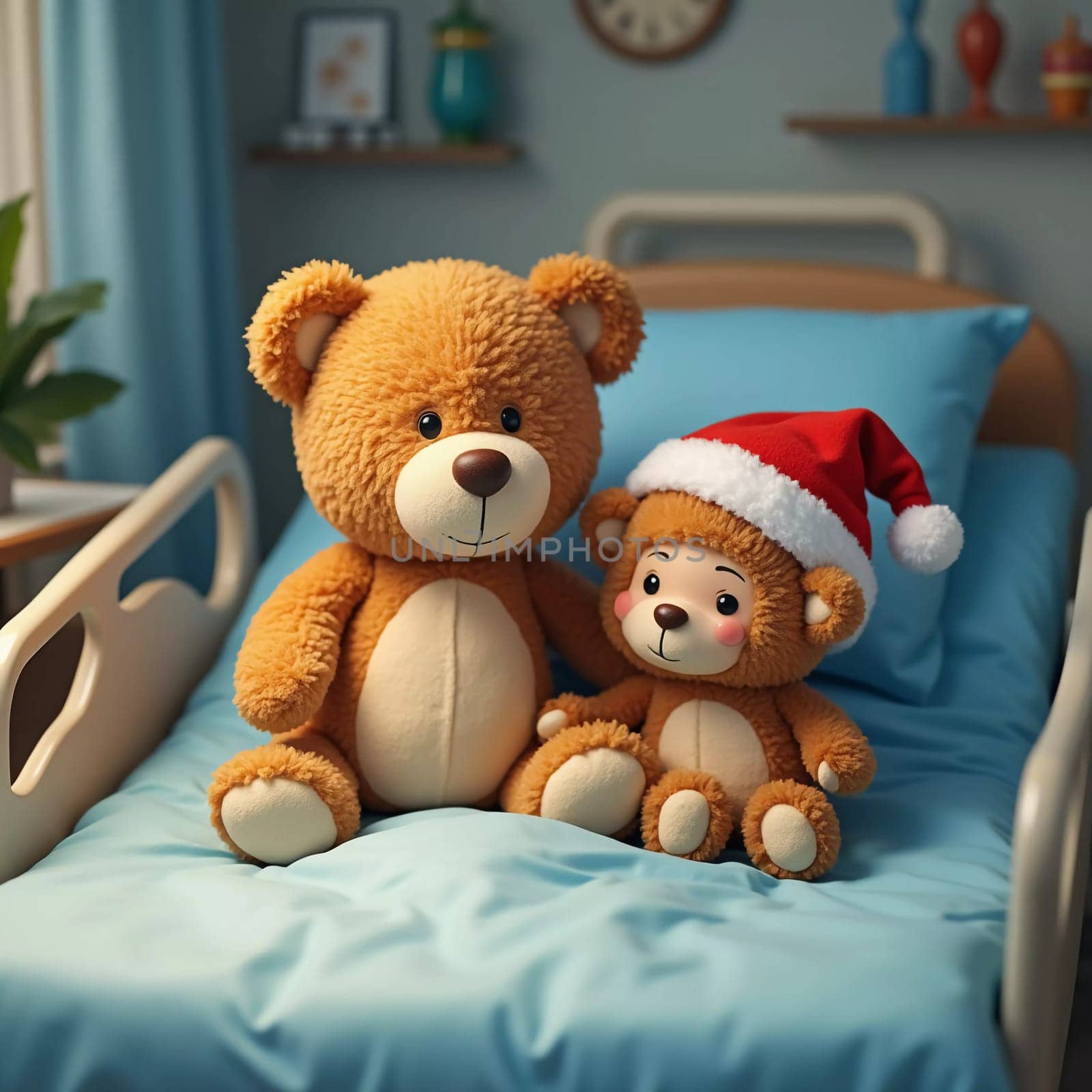 A teddy bear dressed in a Santa hat sits on a hospital bed, offering companionship to a child. The soft toy brings warmth and cheer in a challenging environment. Generative AI.