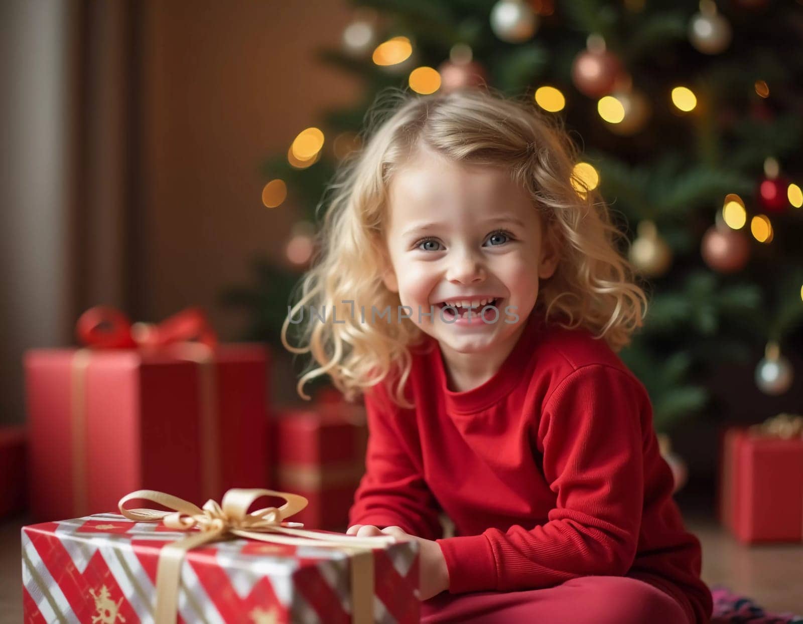 A blonde girl with curly hair smiles brightly while surrounded by colorful wrapped gifts. The room is decorated with festive ornaments, creating a joyful holiday atmosphere. Generative AI.