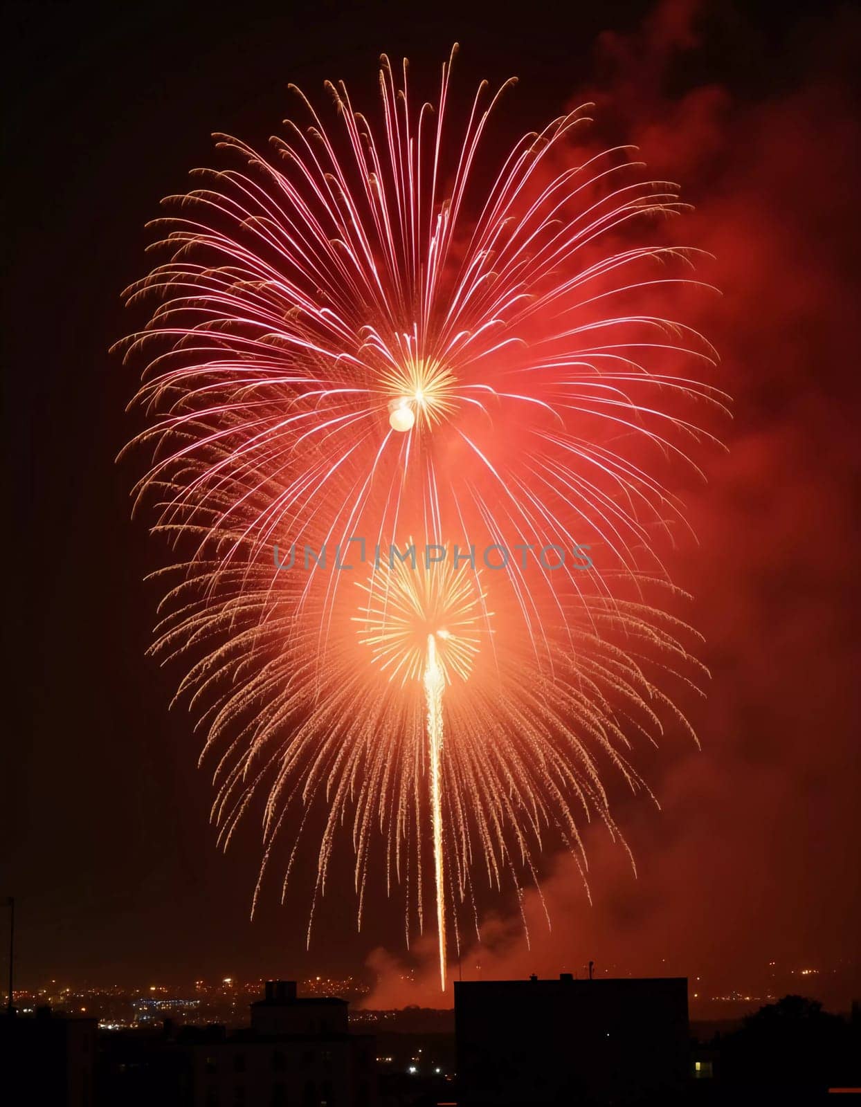 Brilliant red and gold fireworks explode against the dark sky, reflecting in the waterway. The celebration lights up the city skyline during a festive nighttime event. Generative AI.
