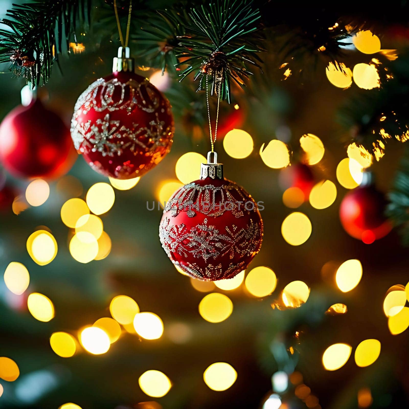 Red ornamental balls hang from pine branches on a beautifully decorated Christmas tree, illuminated by soft, warm lights, evoking a cozy holiday spirit. Generative AI.