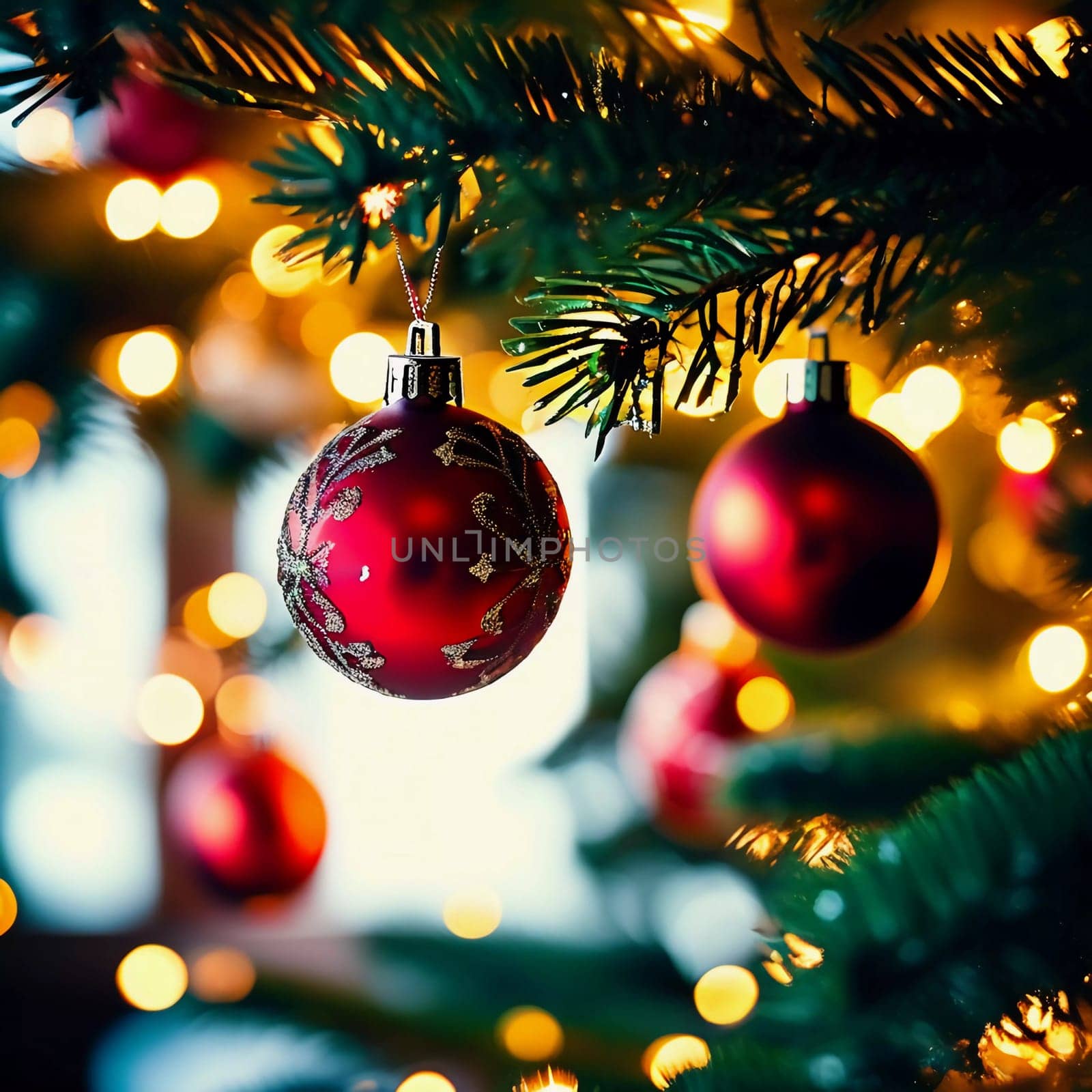 Red ornamental balls hang from pine branches on a beautifully decorated Christmas tree, illuminated by soft, warm lights, evoking a cozy holiday spirit. Generative AI.