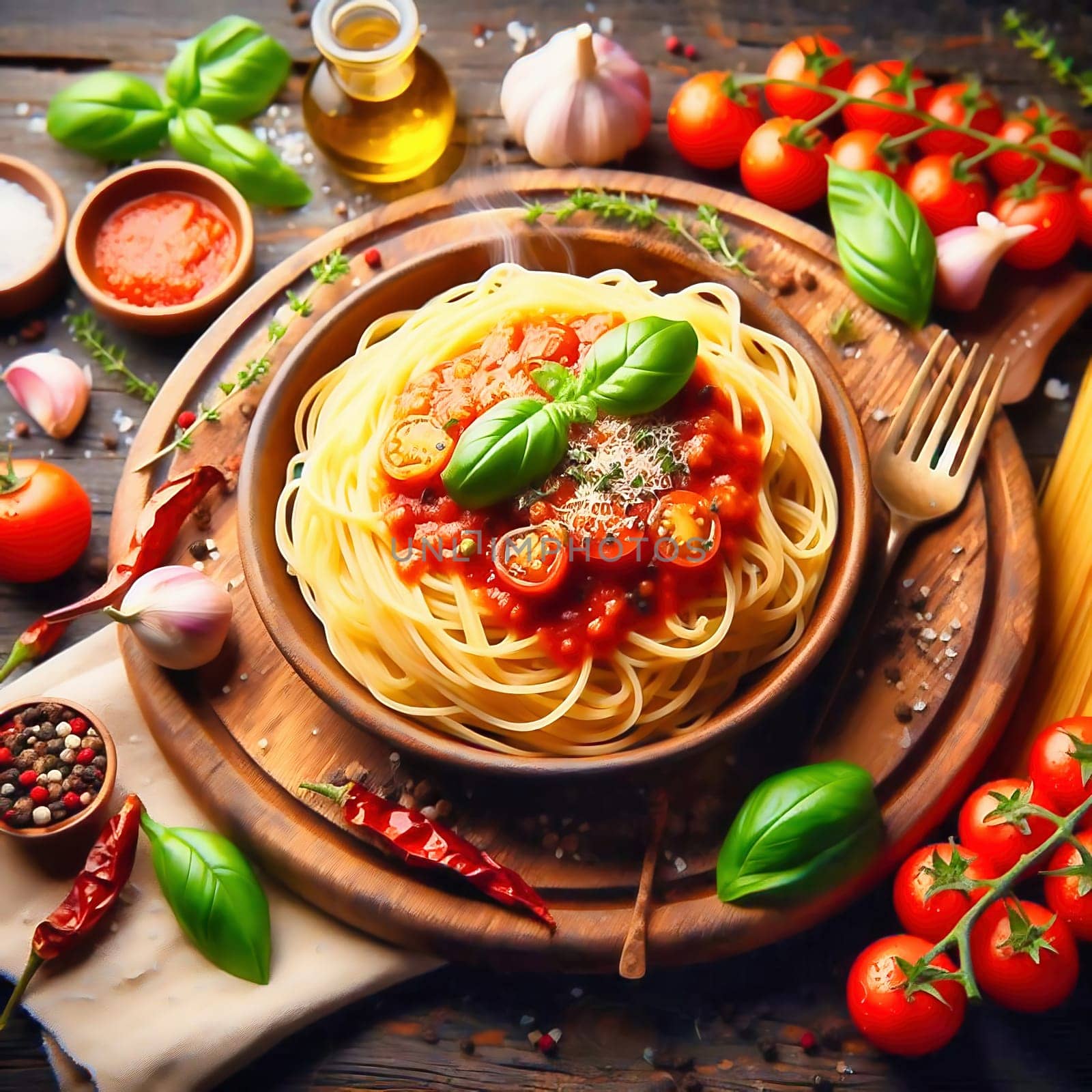 Spaghetti noodles with tomatoes and basil on a plate. Decorative between vegetables and oil on a table. AI generated food
