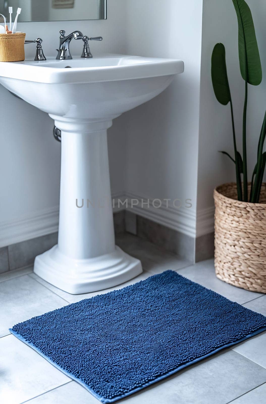A modern bathroom features a white sink beside a blue textured rug and a decorative plant in a woven basket, creating a serene atmosphere.