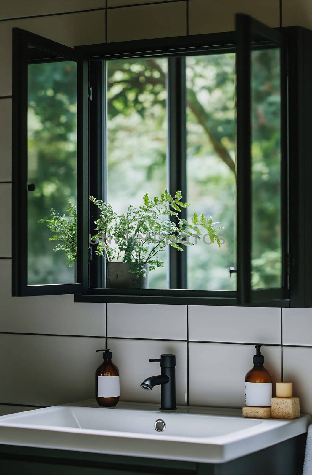 A modern bathroom features a window with lush greenery visible outside, adding a natural touch to the sleek design.