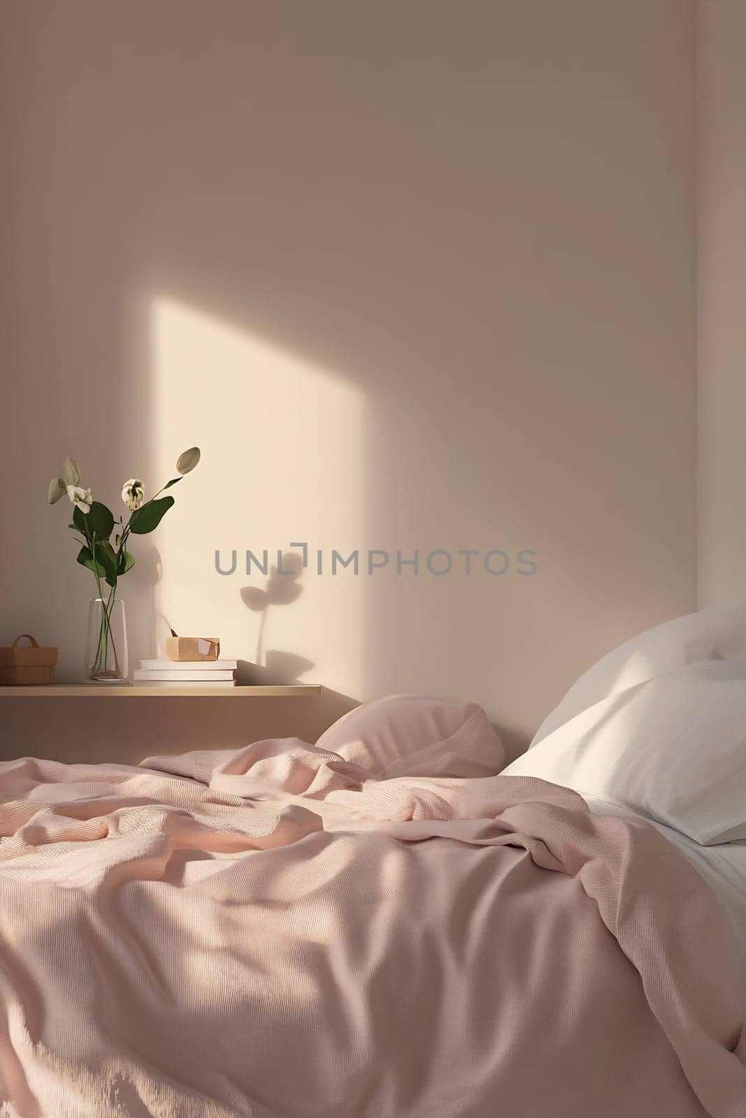 Soft pink bedding complements the gentle morning light illuminating a peaceful bedroom with a vase of flowers on the side table.