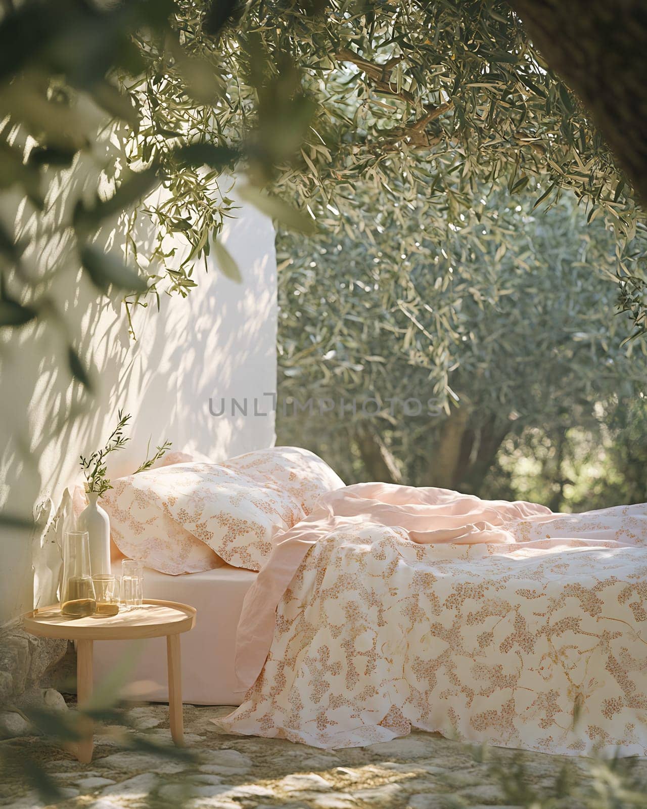 A serene outdoor bedroom features a floral patterned bed and rustic table, surrounded by lush olive trees on a sunny day.