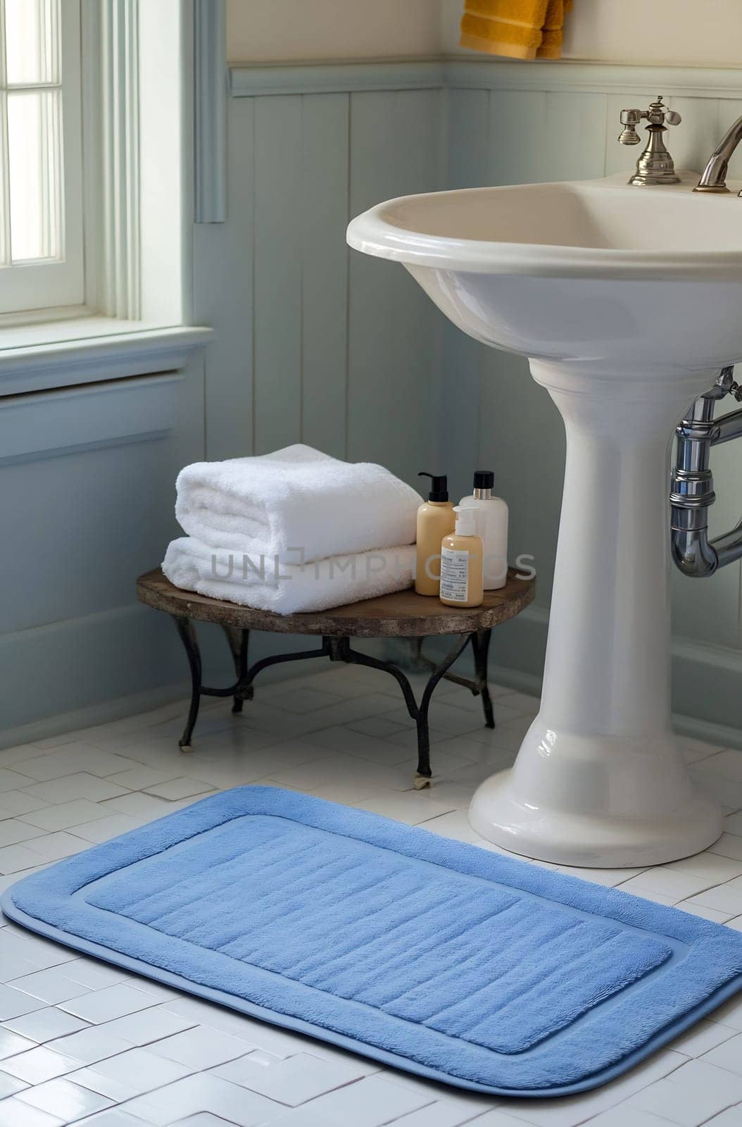 A serene bathroom showcases a soft blue mat beside a pedestal sink, with stacked white towels and toiletries on a rustic stand.