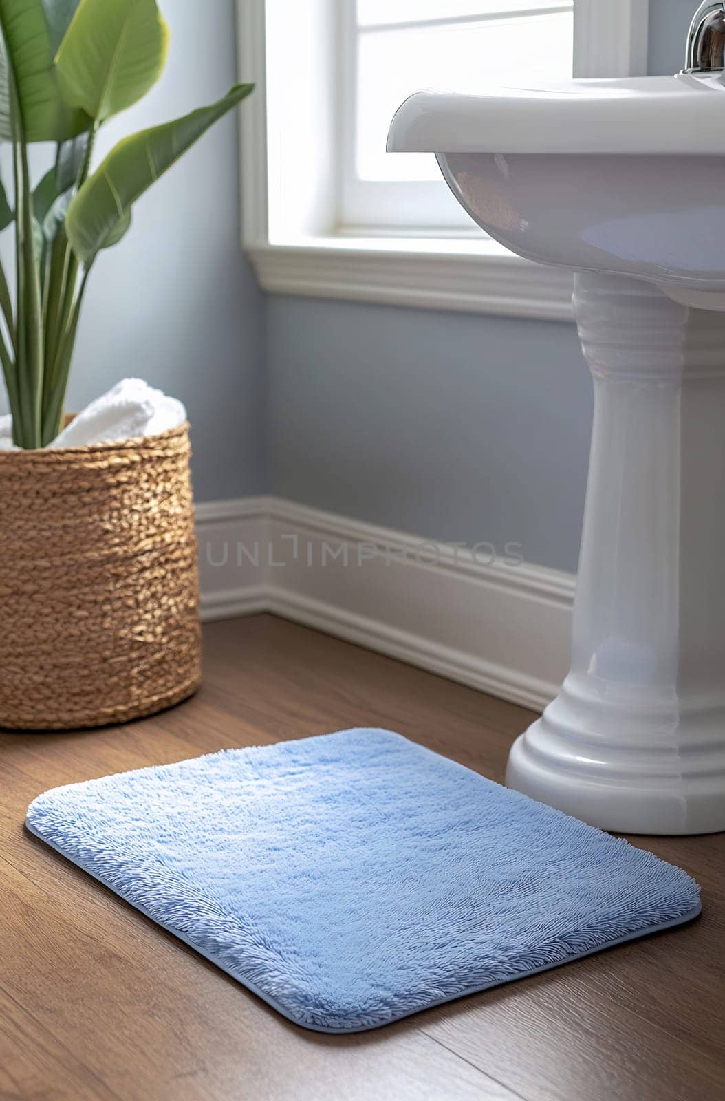 A soft blue bath mat rests on wooden flooring near a white sink and potted plant in a well-lit bathroom setting.