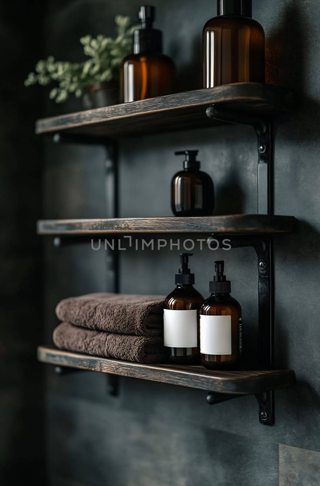 Dark-hued bathroom features wooden shelves holding neatly stacked towels and assorted personal care bottles for a sophisticated look.