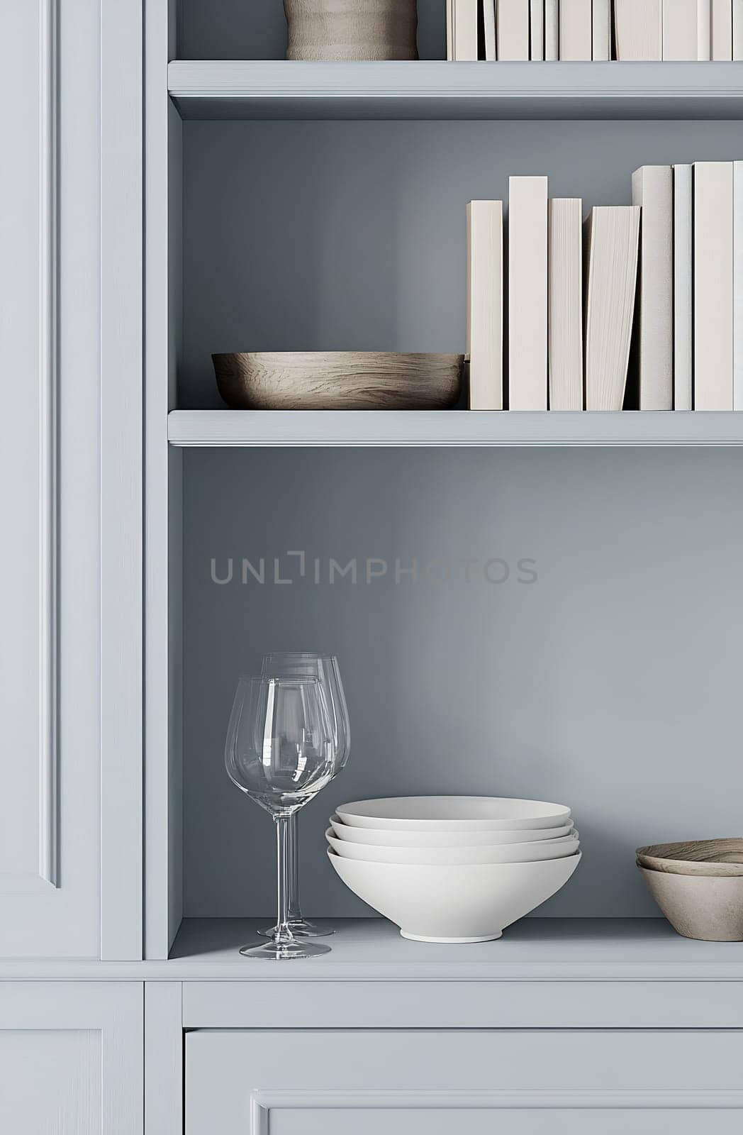 A soft blue kitchen shelf holds white bowls, a wine glass, and stacked books, creating a serene and organized atmosphere.