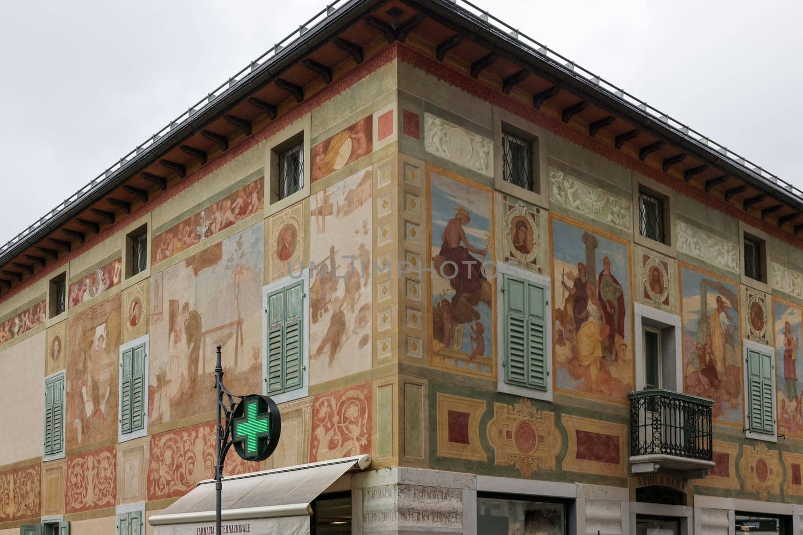 Cortina d Ampezzo, Italy - Sept 6, 2024: Ciasa dei pupe Historic Bulding in Cortina d Ampezzo, formerly the Hotel Aquila Nera on the Corso Italia with Famous Frescoes by Luigi and Giuseppe Ghedina