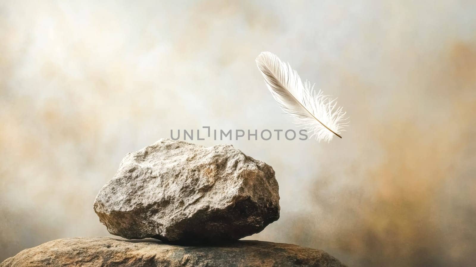 Heavy rock sits on a larger stone while a feather floats gently nearby, creating a symbolic representation of opposing concepts such as strength and fragility, or heaviness and lightness