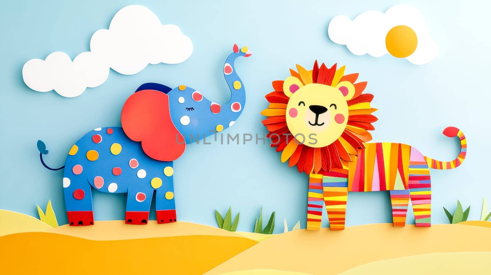 Cheerful paper elephant and a vibrant lion stand together in a whimsical safari landscape, crafted with colorful paper cutouts, clouds, and a shining sun, creating a playful and imaginative scene