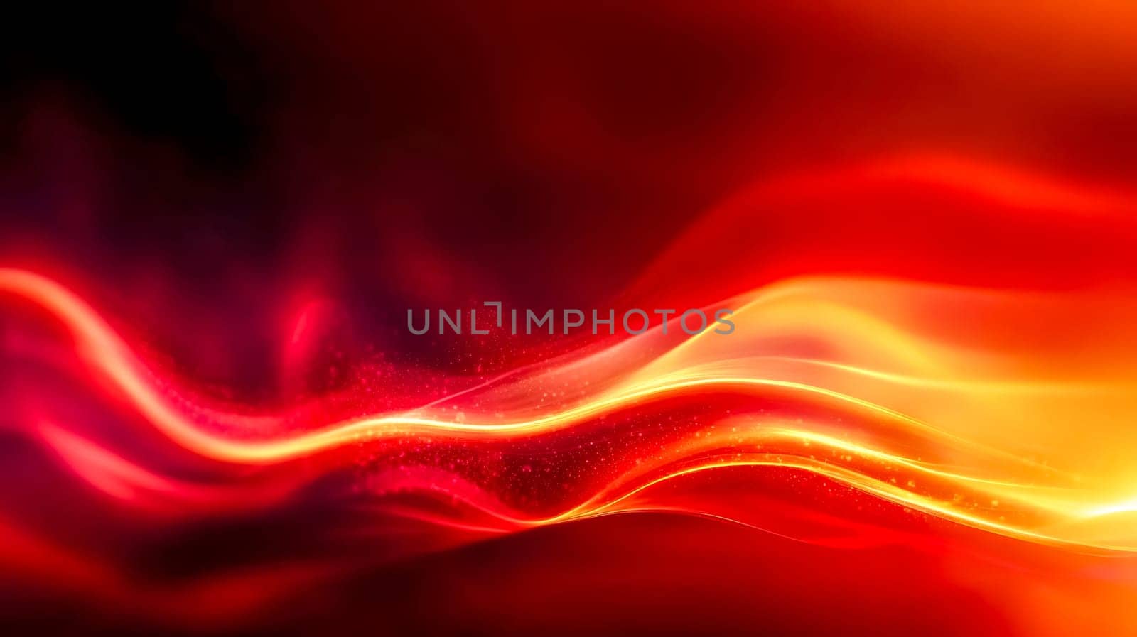 Rich red and crimson tones blending with a fiery glow, creating a vibrant and energetic abstract background with flowing lines and sparkling particles